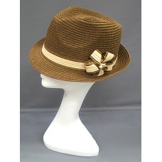 Fedora Straw Hat  – 12 PCS w/ Flower Corsage - Brown -HT-1186BR